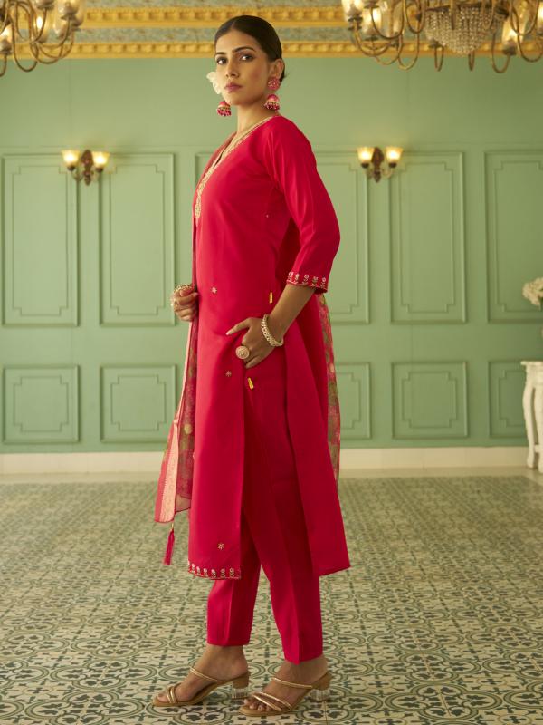 VP 9820 P Beads Embroidered Pink Women Kurta Sets With Dupatta Straight Suits